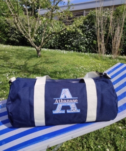 sac polochon brodé personnalisé adulte toile sport bleu marine anses écru Maison de Camaret