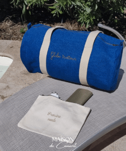 sac de voyage denim broderie globe trotteur trousse brodée première escale fil doré Maison de Camaret